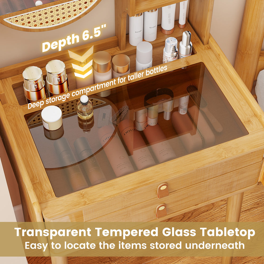 Small vanity desk with transparent tempered glass tabletop, featuring a deep storage compartment for taller bottles.