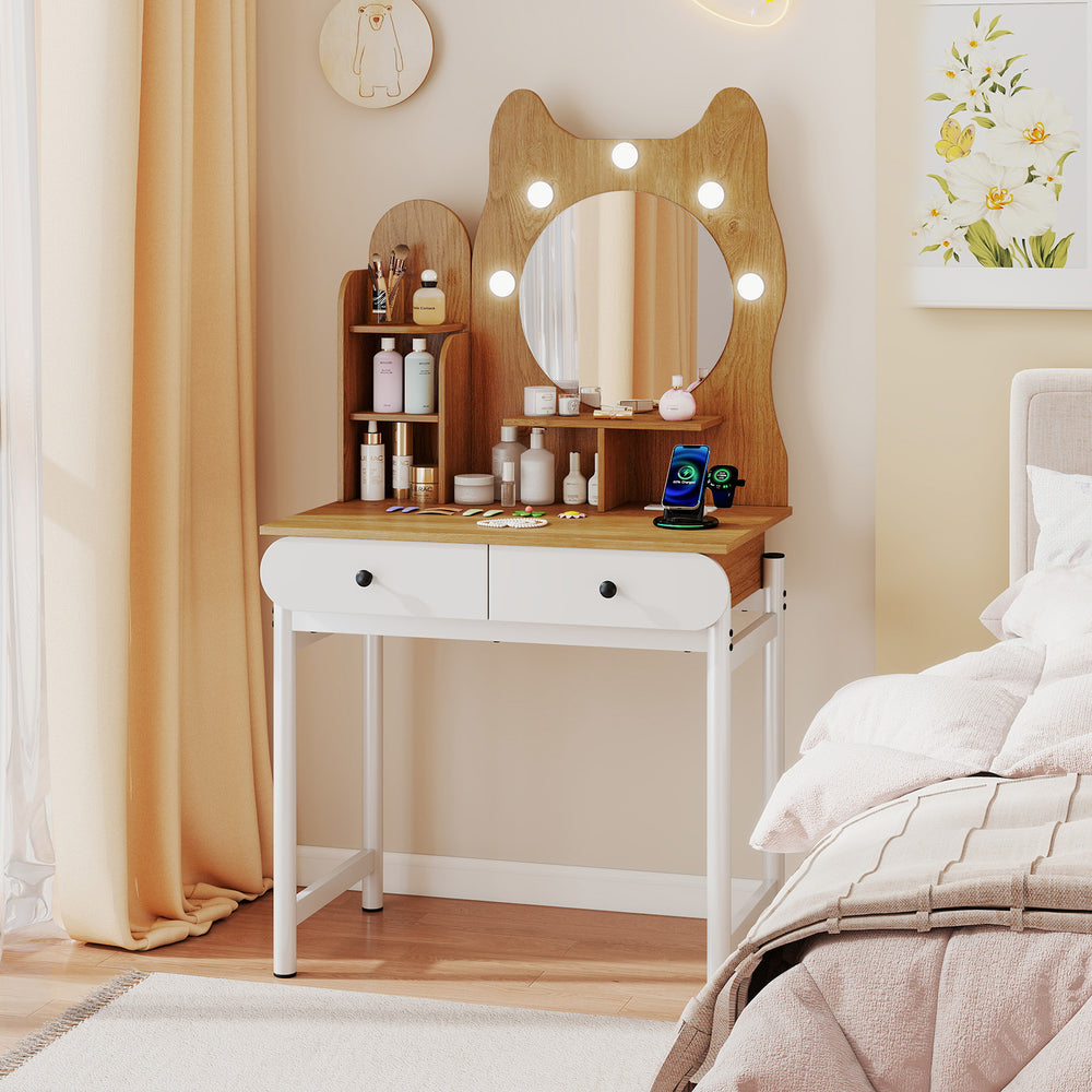 Cute kitty-themed small vanity desk with mirror and lights, featuring 3 shelves and 2 drawers for makeup storage.