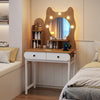 Small vanity desk with a cute kitty mirror, featuring adjustable lights, storage shelves, and power outlets for.