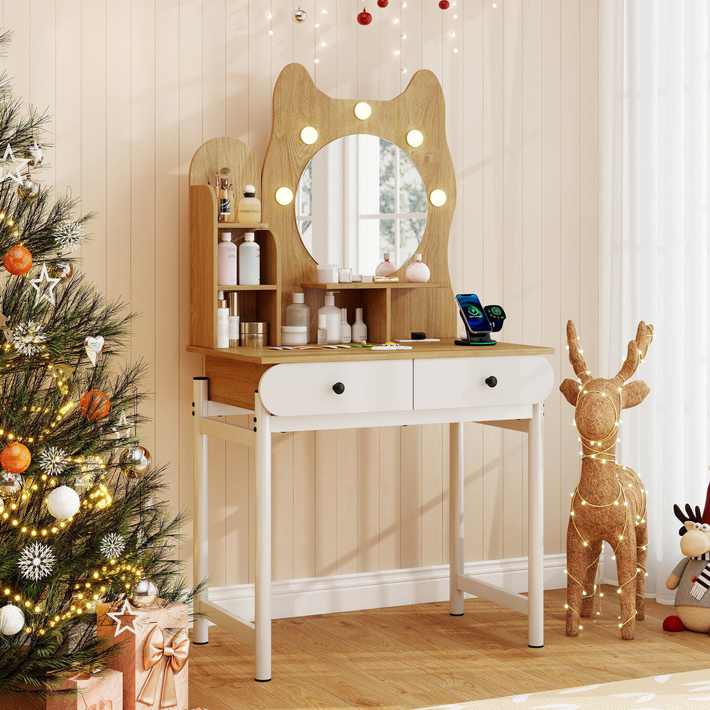 Cute kitty makeup table with mirror and lights, featuring 3 shelves, 2 drawers, and power outlets for convenient.