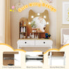 Small vanity desk with mirror and lights in cute kitty design, featuring storage shelves and power outlets for.