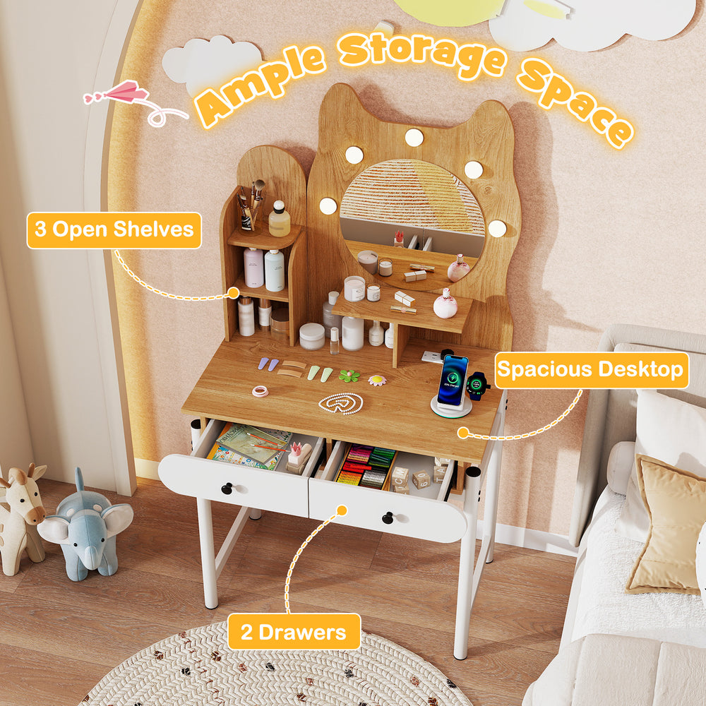 Cute kitty vanity desk with mirror, 3 shelves, 2 drawers, and power outlets for convenient makeup storage.