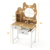 Small vanity desk with mirror and lights, featuring natural wood finish, 3 shelves, and 2 drawers for compact storage.