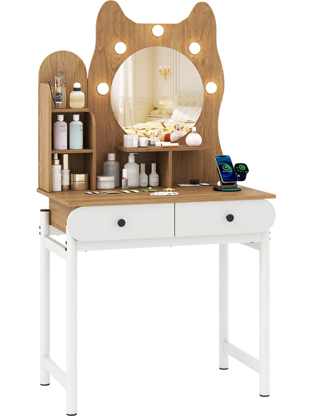 Cute kitty makeup table featuring a mirror, lights, and storage with power outlets, perfect for small spaces.