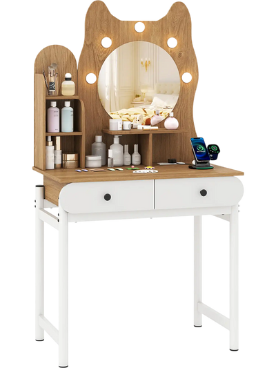 Costway Small Kitty Vanity Desk w/ Mirror Lights Power Outlets 62733373 New