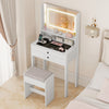 Small white vanity desk with mirror and lights, featuring 2 drawers and cushioned stool, perfect for compact bedrooms.