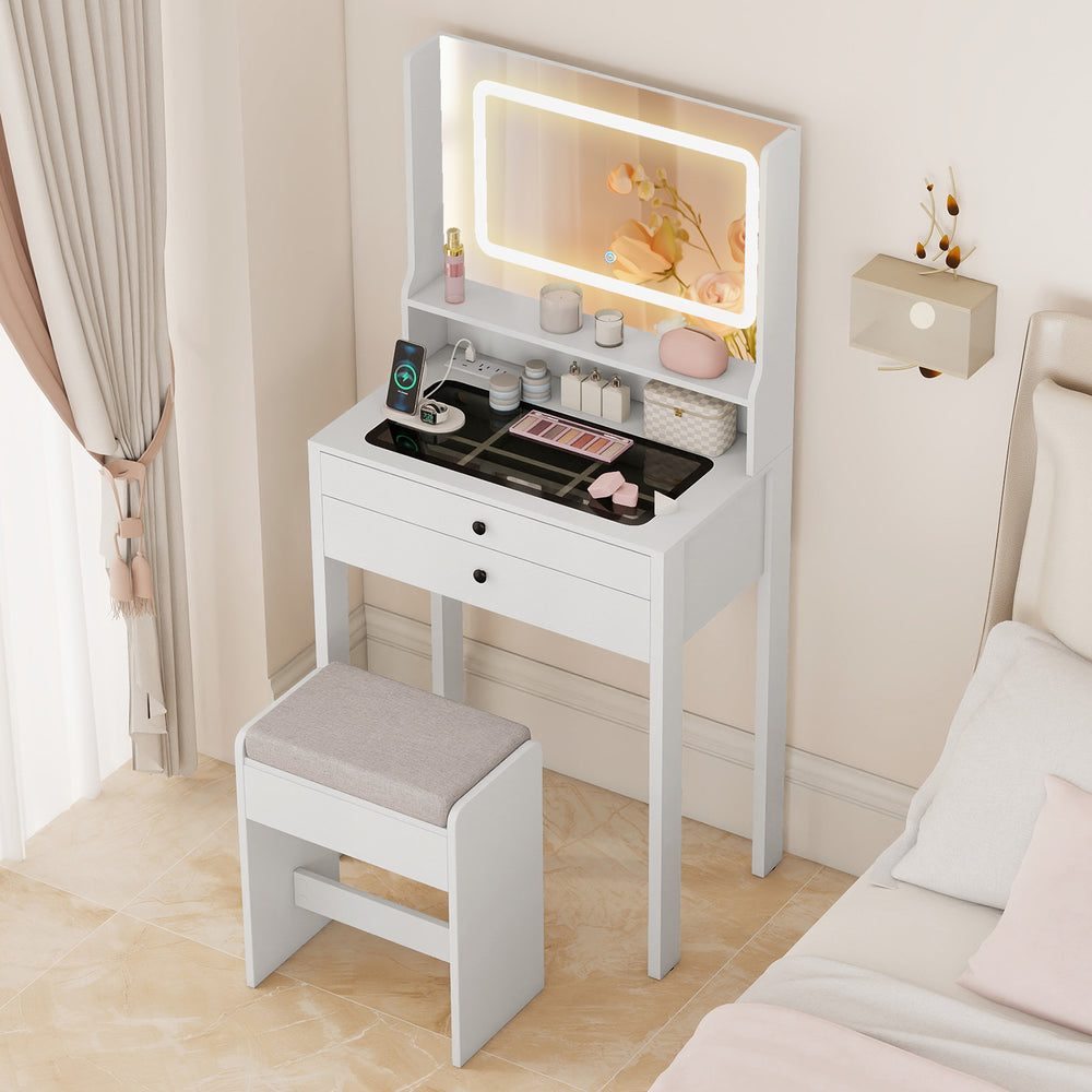 Small white vanity desk with mirror and lights, featuring 2 drawers and cushioned stool, perfect for compact bedrooms.