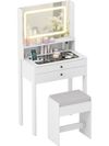 Small white vanity desk with mirror and lights, featuring 2 drawers and cushioned stool for organized beauty routines.