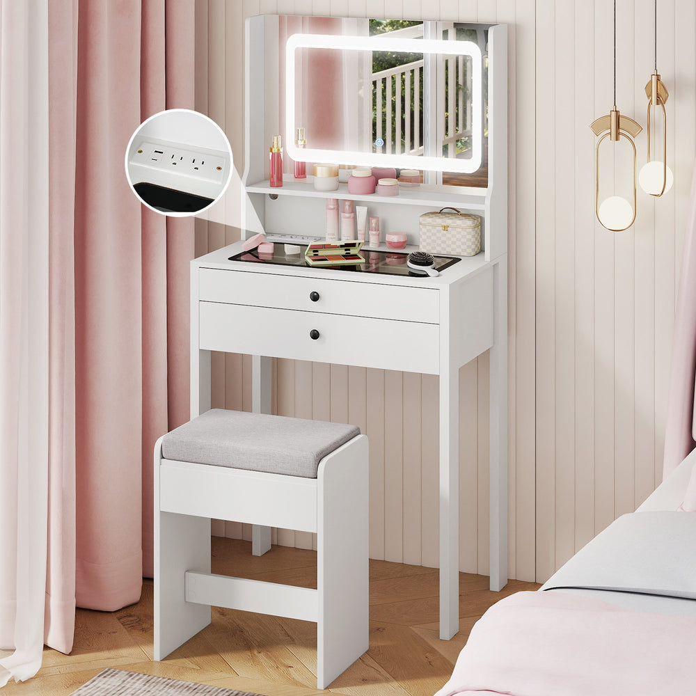 Small white vanity desk with mirror and lights, featuring 3 lighting modes, 2 drawers, and a cushioned stool for.
