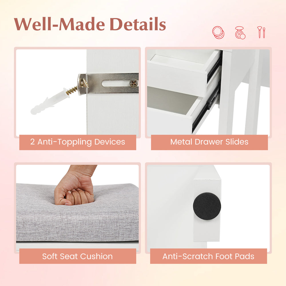 Detail of the small vanity desk showing anti-scratch foot pads, soft seat cushion, and metal drawer slides for easy use.
