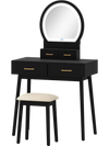 Black small vanity makeup dressing table set with cushioned stool and LED lighted mirror, perfect for compact bedrooms.