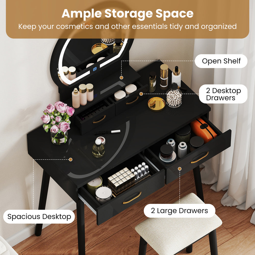 Small black vanity makeup dressing table with LED mirror, spacious desktop, and ample storage including 2 drawers.