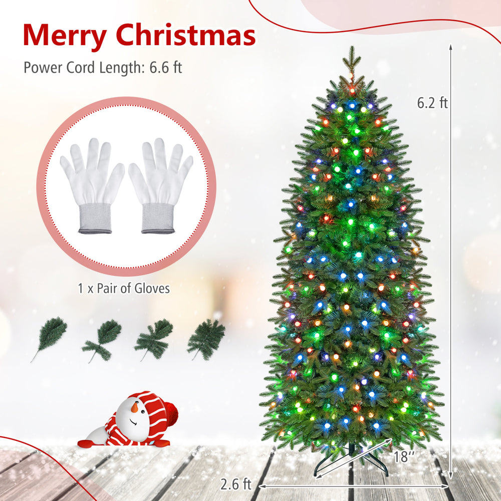Smart 6.2 ft pencil Christmas tree with 220 RGB LED lights, remote control, and gloves for easy assembly and festive decor.