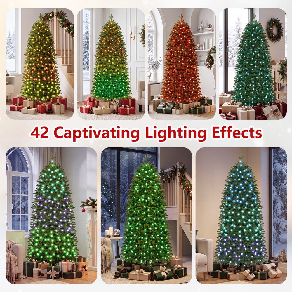 Smart pencil Christmas tree with 280 RGB LED lights, featuring 42 lighting effects and remote control for festive ambiance.