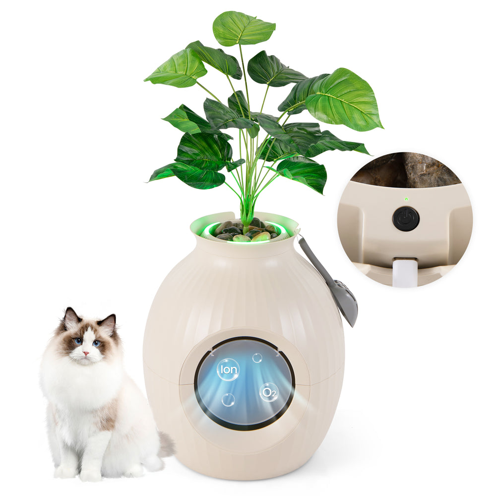 Smart plant cat litter box in beige with electronic odor removal, featuring an artificial plant and soothing light.