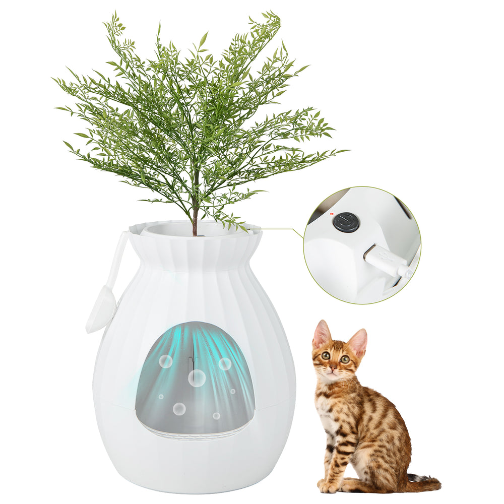 Smart plant cat litter box in white with electronic odor removal, featuring a detachable door curtain and durable ABS.
