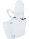 Smart toilet with built-in bidet, ADA height, heated seat, remote control, and touchless flush for enhanced hygiene.
