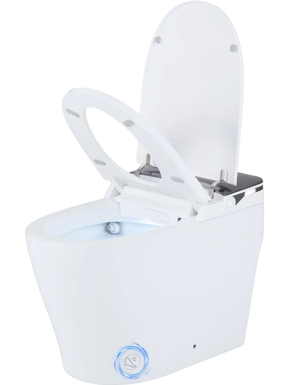 Smart toilet with built-in bidet, ADA height, heated seat, remote control, and touchless flush for enhanced hygiene.