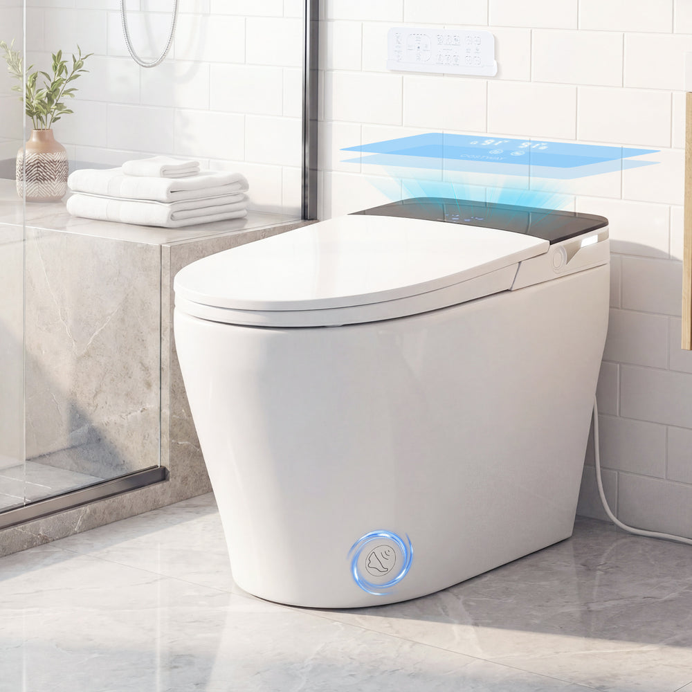 Smart toilet with built-in bidet featuring foot kick sensor and auto close function for convenient, touchless operation.