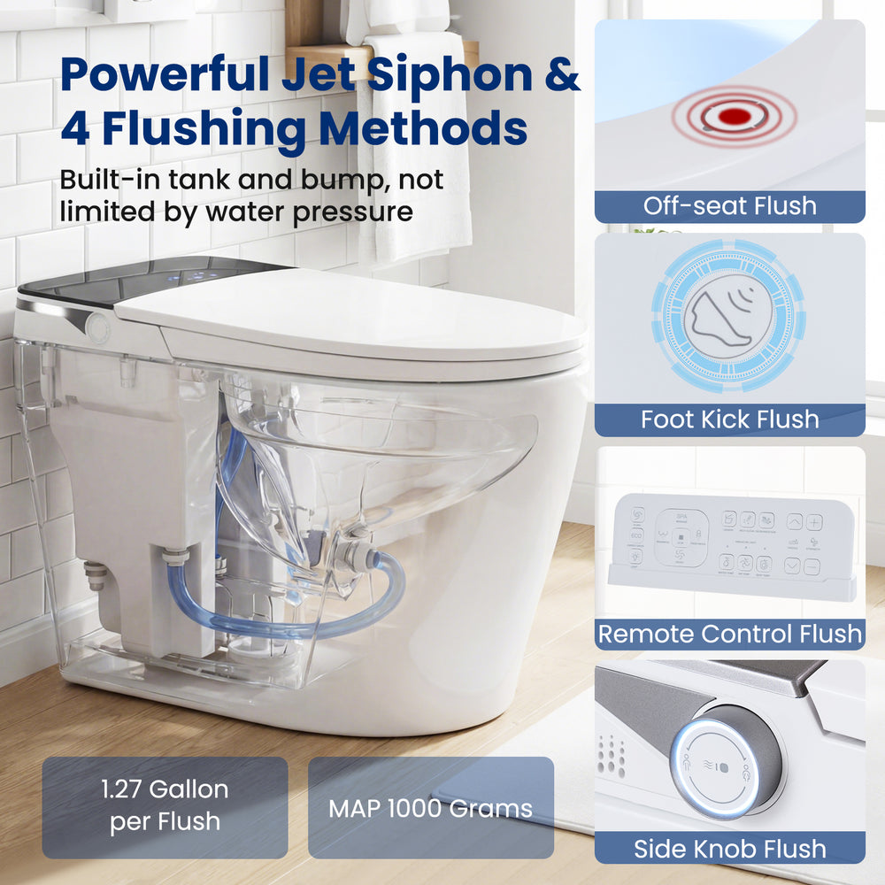Smart toilet with built-in bidet, ADA height, remote control, and foot kick flush for convenient, hygienic operation.