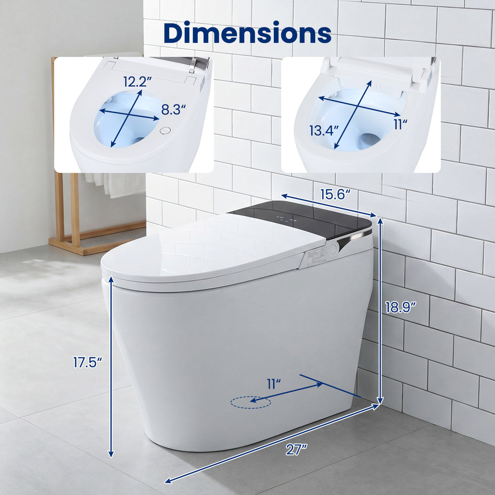Smart toilet with built-in bidet, ADA height, auto flush, and heated seat, showcasing dimensions for installation.