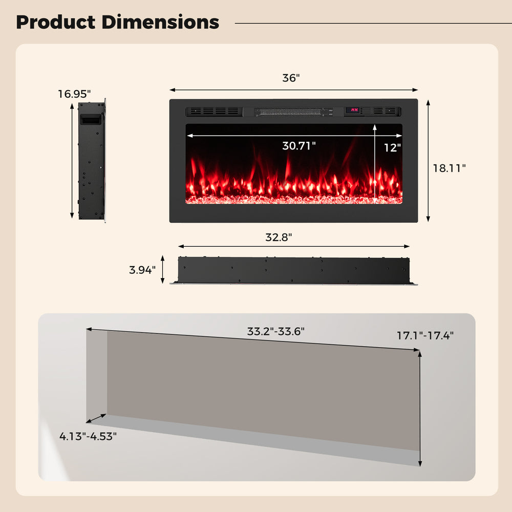 Dimensions of the Smart WiFi Electric Fireplace, showing 36-inch wall-mounted design with detailed measurements.