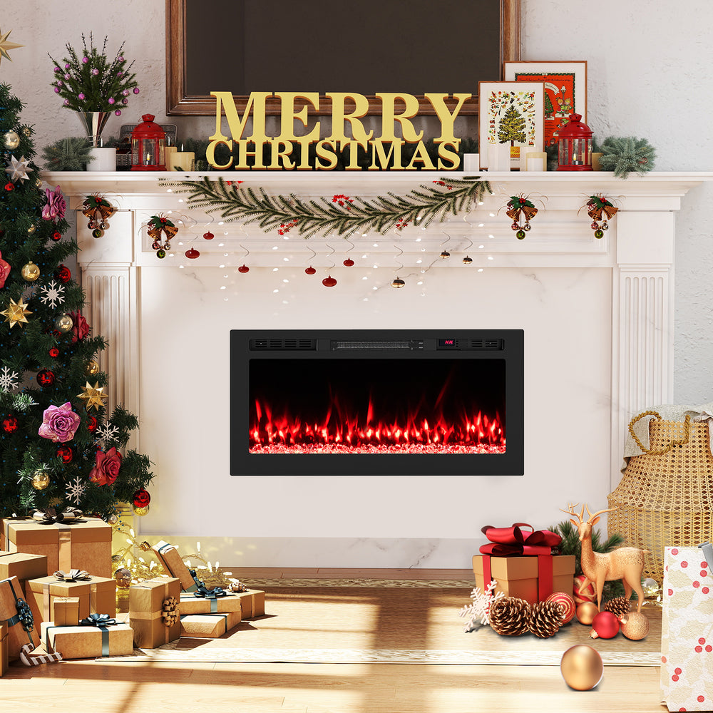 Wall-mounted Smart WiFi Electric Fireplace with adjustable flame colors, 750W/1500W heating for cozy holiday ambiance.