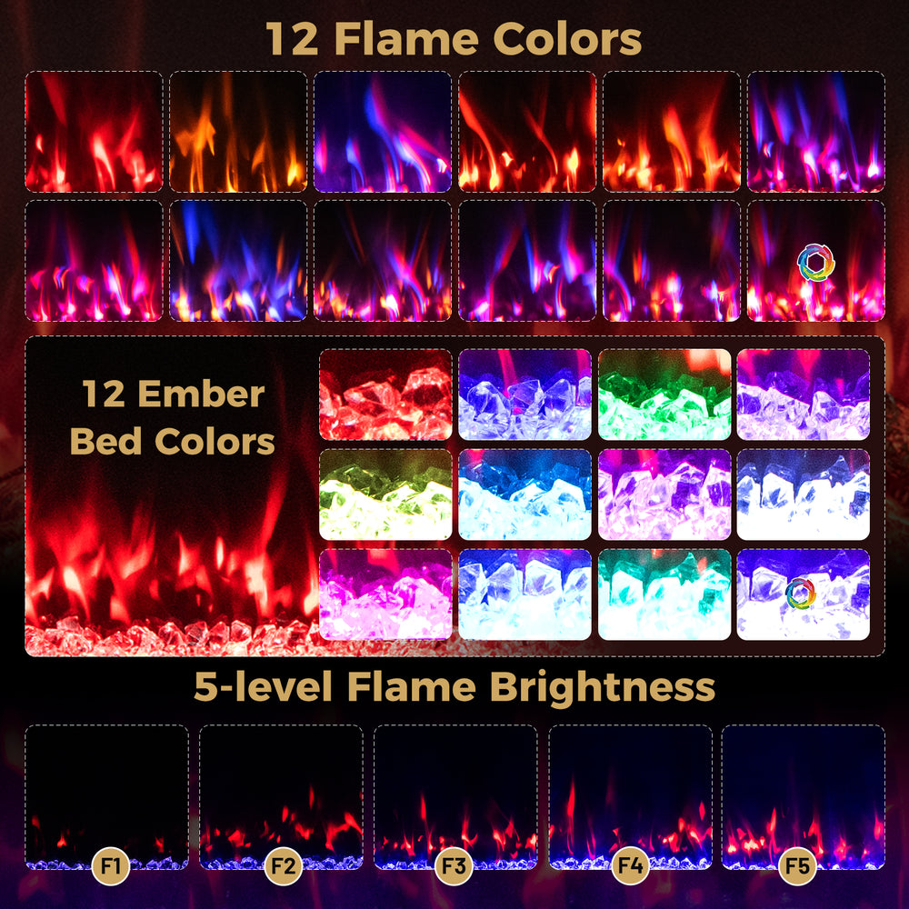 Flame color options for Smart WiFi Electric Fireplace, showcasing 12 flame colors and 12 ember bed colors for ambiance.