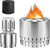 Smokeless stainless steel fire pit with ash pan, featuring 360° heating and waterproof cover for yard camping.