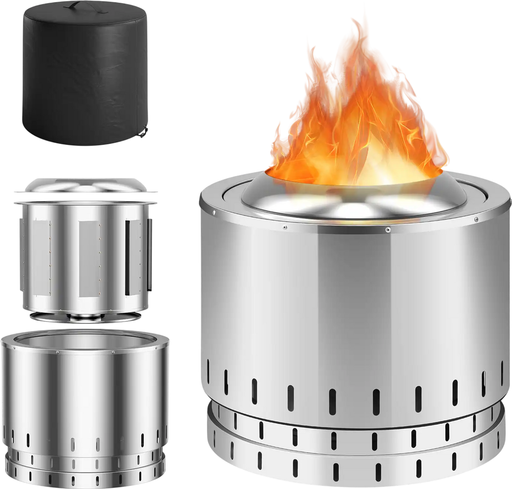 Smokeless stainless steel fire pit with ash pan, featuring 360° heating and waterproof cover for yard camping.