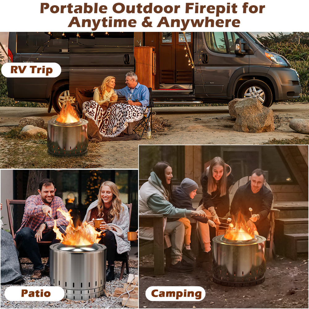 Smokeless stainless steel fire pit with ash pan, perfect for camping and patio use, featuring a 360° heating design.