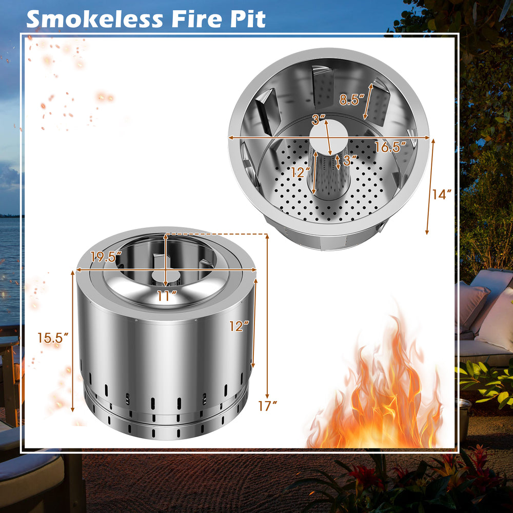 Smokeless stainless steel fire pit with ash pan, featuring 3-level combustion and 360° heating for outdoor use.