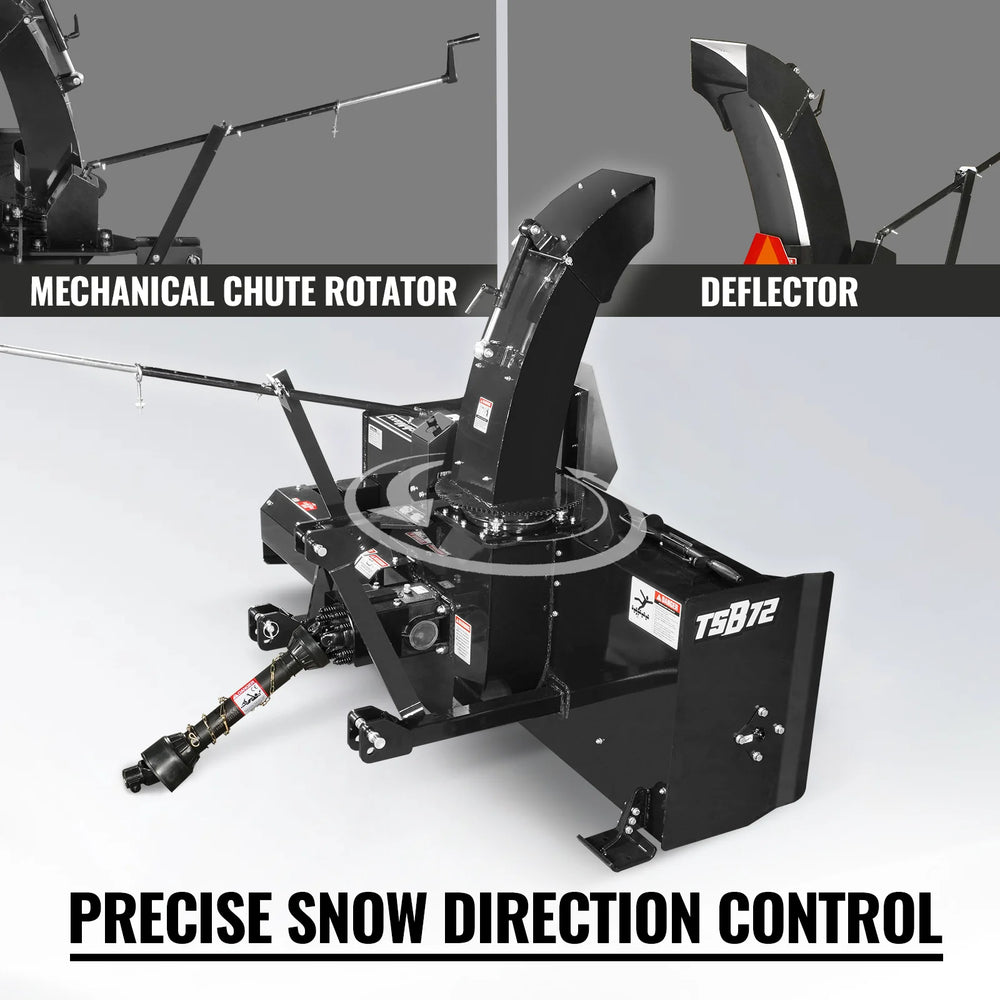 72" 3 Point PTO Snow Blower 24" Impeller Diameter 360° Snow Chute (PTO Shaft Included with Slip Clutch),  30-75 HP,  TSB72