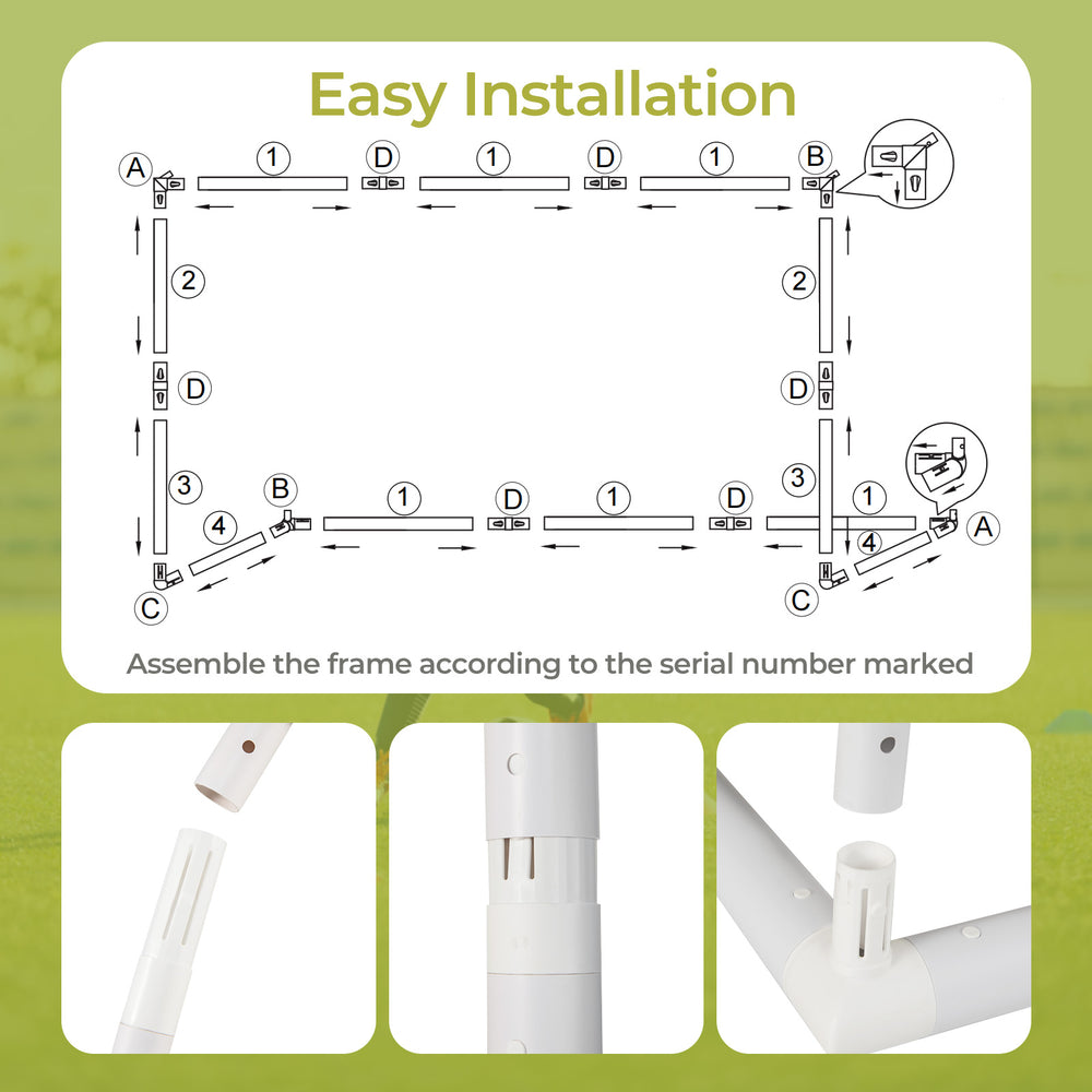 Assembly instructions for the 8' x 6' soccer goal with UPVC pipes and ground stakes for stability and security.