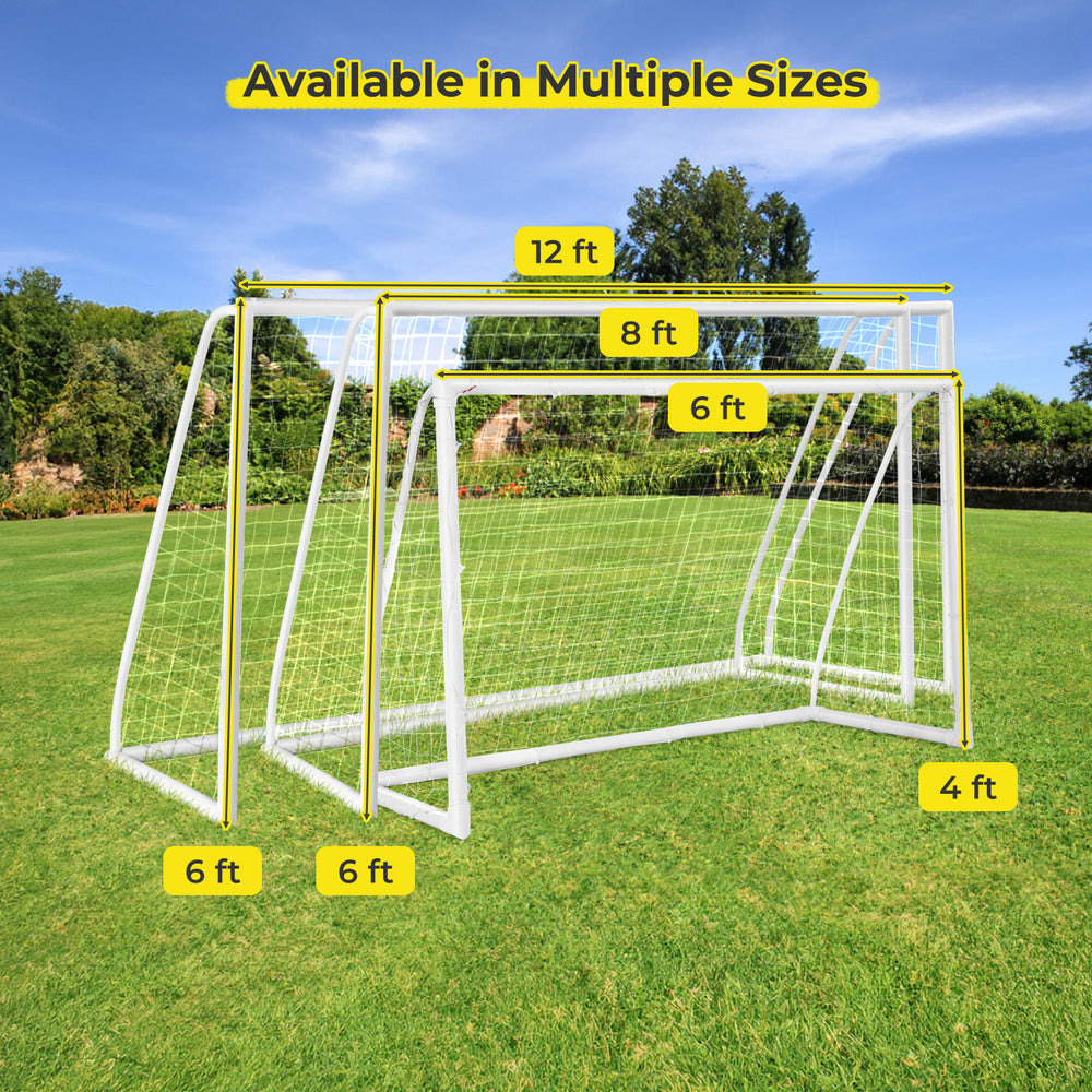 8' x 6' soccer goal made of weather-resistant UPVC pipes, includes ground stakes and cones, ideal for outdoor play.