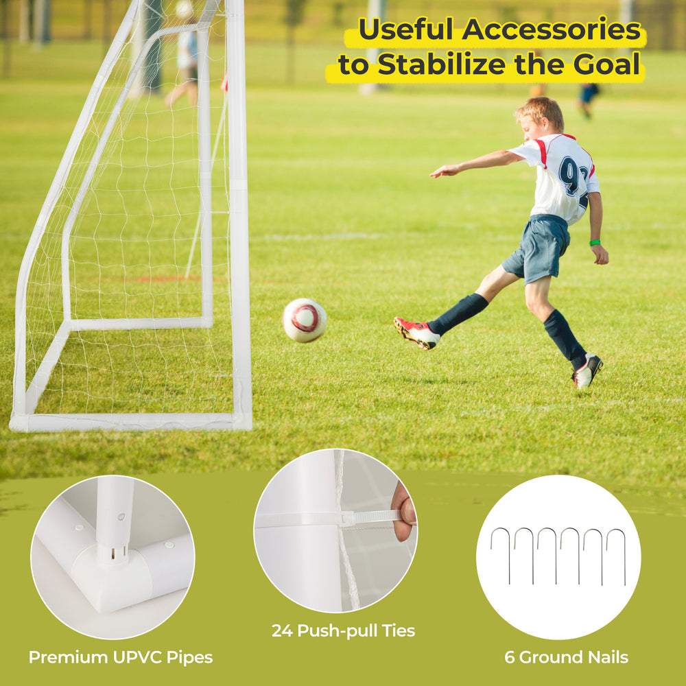 8' x 6' soccer goal with UPVC pipes, ground stakes, and soccer cones, ideal for backyard and park play.