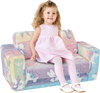 Colorful 2-in-1 flip-out kids sofa chair with flannel cover, perfect for playrooms and bedrooms, featuring glowing.