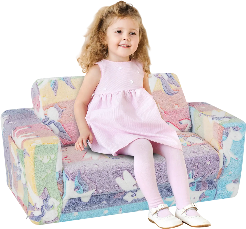 Colorful 2-in-1 flip-out kids sofa chair with flannel cover, perfect for playrooms and bedrooms, featuring glowing.