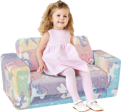 Costway 2-in-1 Flip Out Kids Sofa Chair w/ Detachable Flannel Cover Glowing Patterns 21348967 New