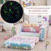 Colorful 2-in-1 flip-out kids sofa chair with glowing patterns, flannel fabric cover, ideal for playrooms and bedrooms.