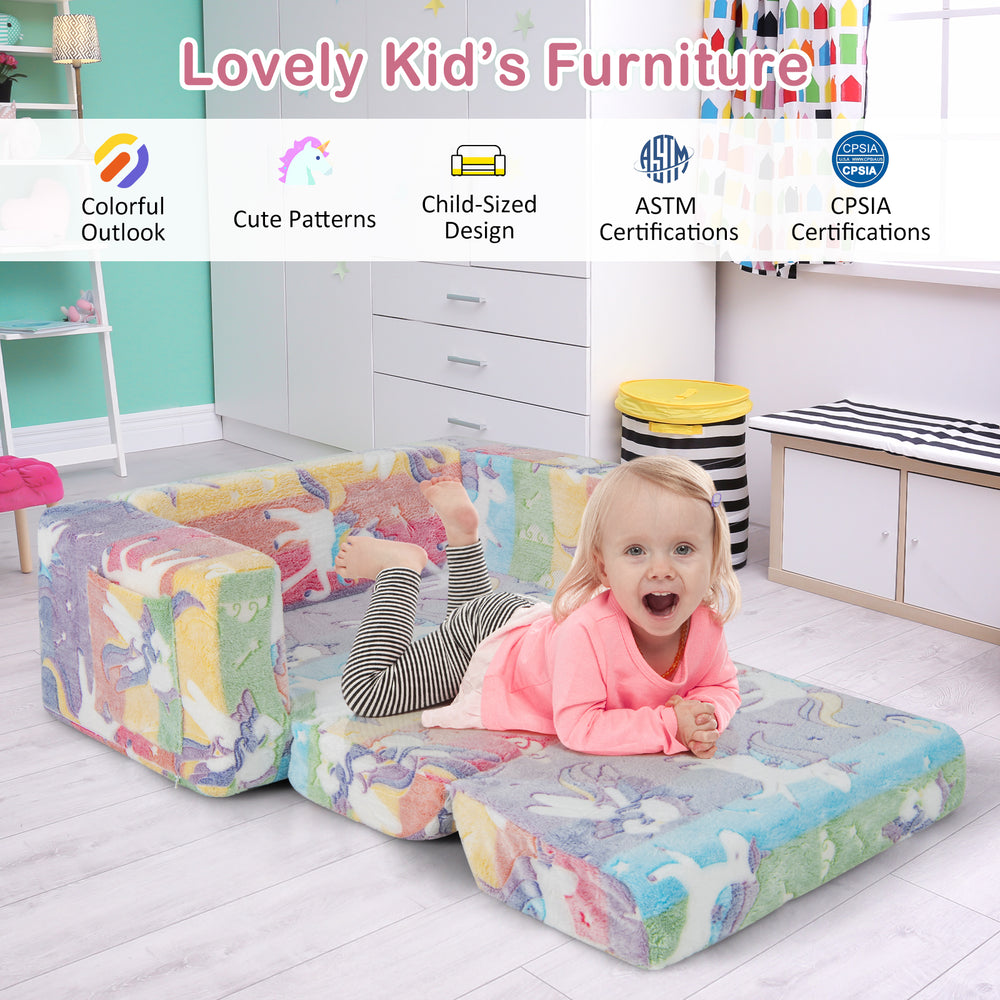 Colorful 2-in-1 flip-out kids sofa chair with detachable flannel cover, ideal for playrooms and bedrooms.
