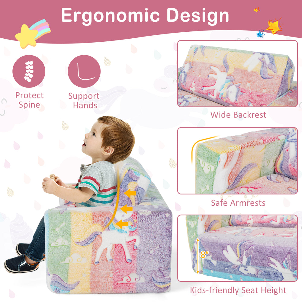Kids sofa chair with ergonomic backrest, flannel cover, and glowing patterns, perfect for playrooms and bedrooms.