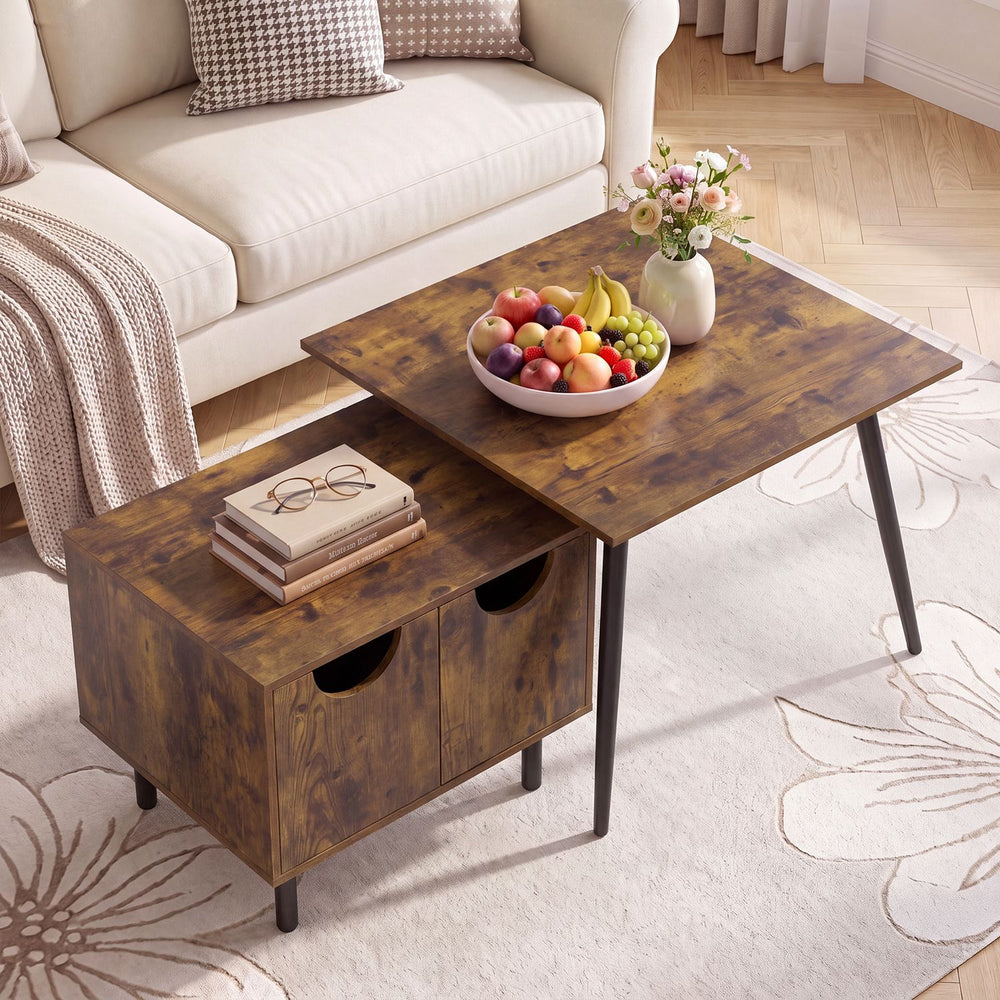 Nesting coffee tables in rustic brown with metal legs, featuring spacious tops and hidden storage for versatile living room use.