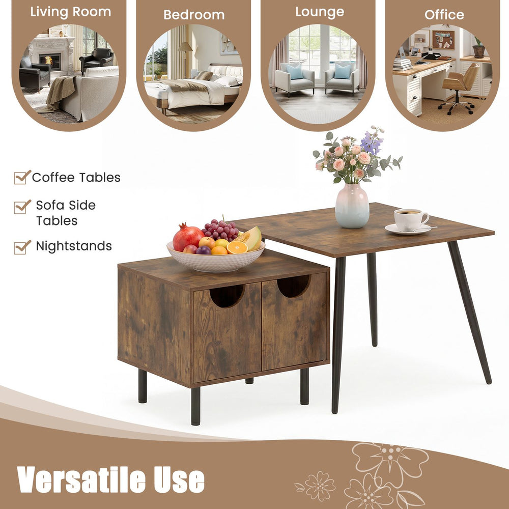 Nesting sofa side tables in rustic brown feature metal legs, spacious storage, and versatile use for living room or office.