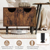 Rustic brown sofa side table with metal legs features a spacious tabletop and hidden storage, ideal for living room use.