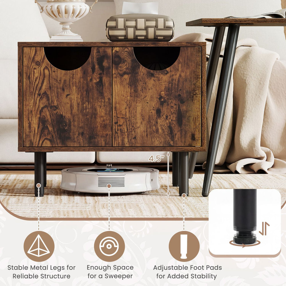 Rustic brown sofa side table with metal legs features a spacious tabletop and hidden storage, ideal for living room use.
