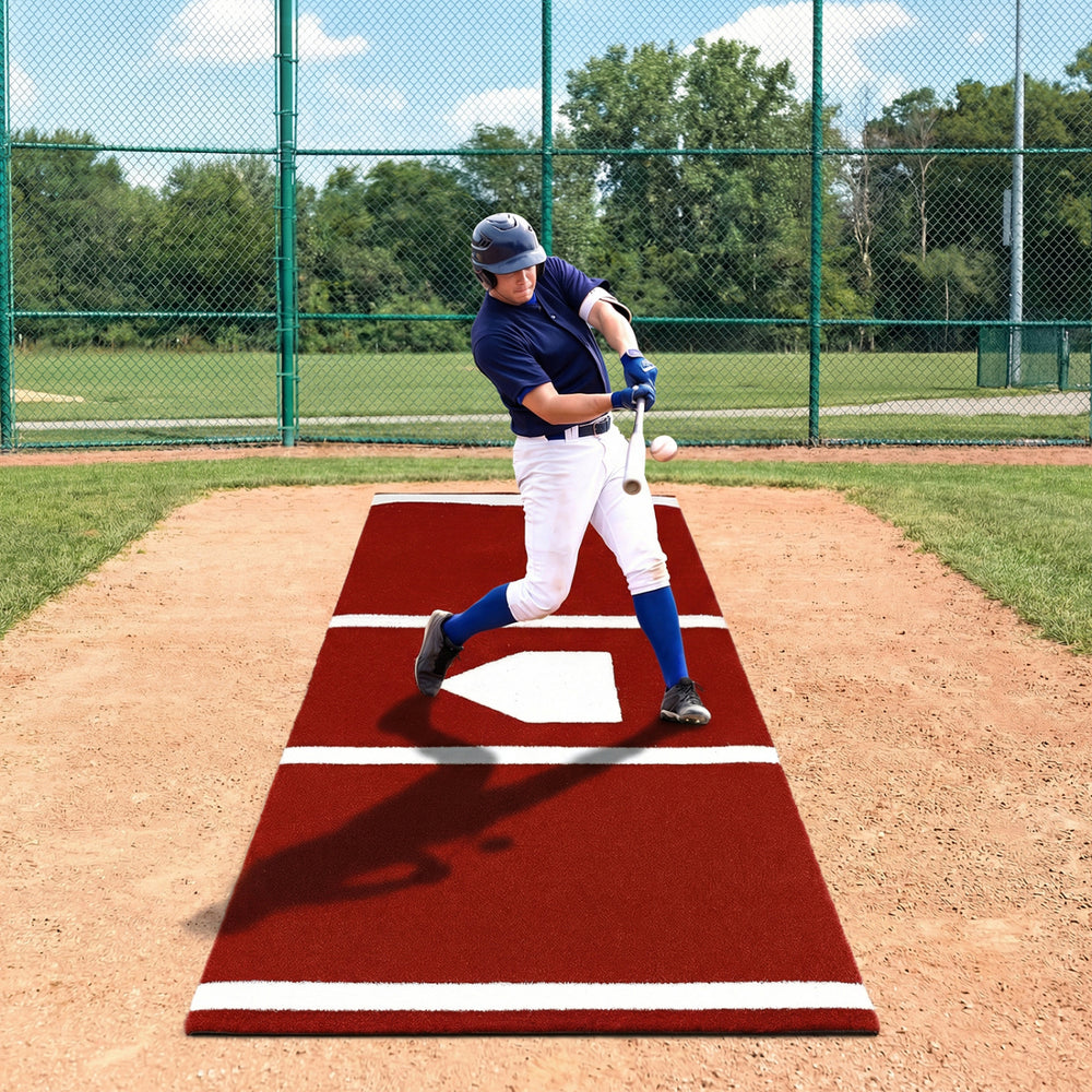 Softball pitching mat 10 x 3 feet with realistic turf, inlaid lines, and non-slip backing for effective training.