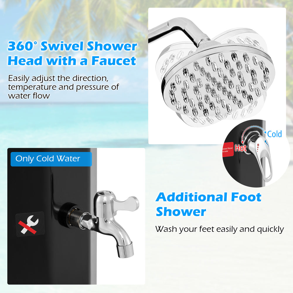 360° swivel shower head with faucet and foot shower for the 7.5 feet solar heated outdoor shower, ideal for poolside.