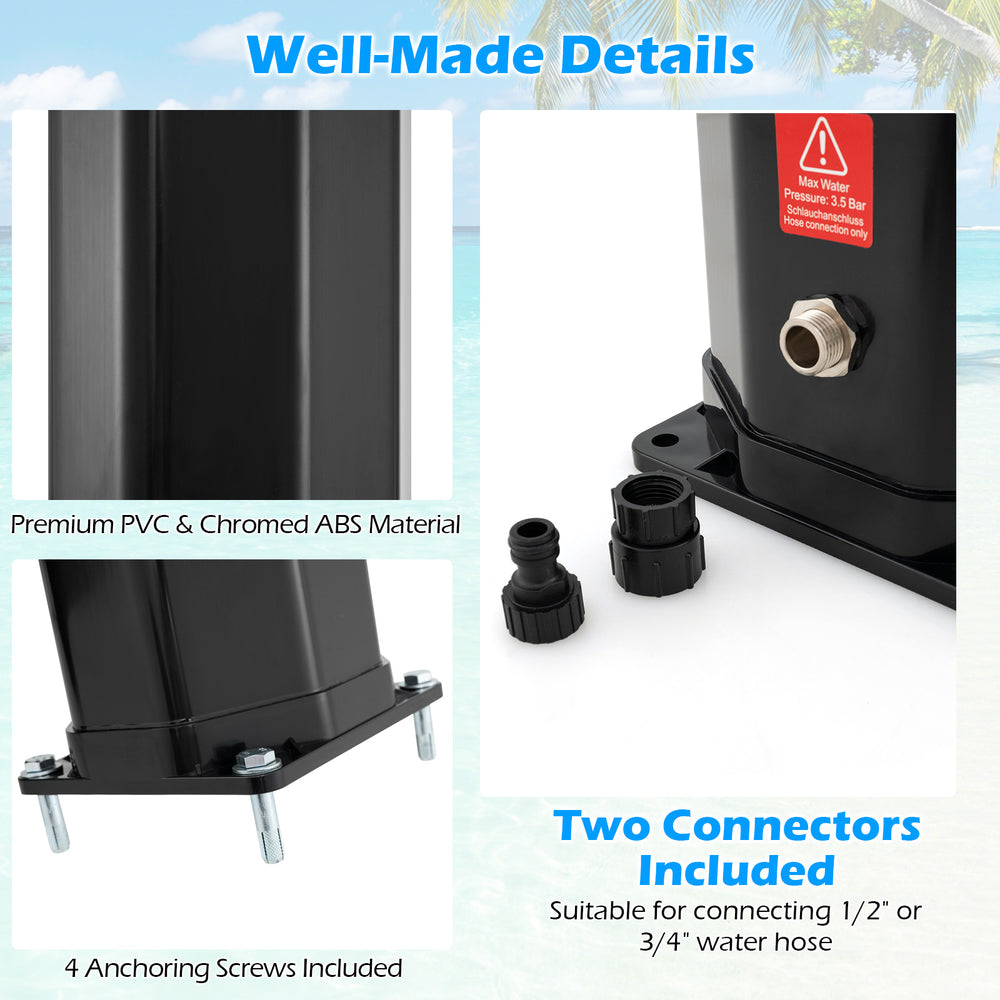 Close-up of the 7.5 feet solar heated outdoor shower's connectors and anchoring screws, made from premium PVC and ABS.