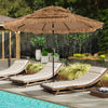 Hawaiian style 10-foot thatched patio umbrella with solar lights, adjustable for optimal shading by the pool.